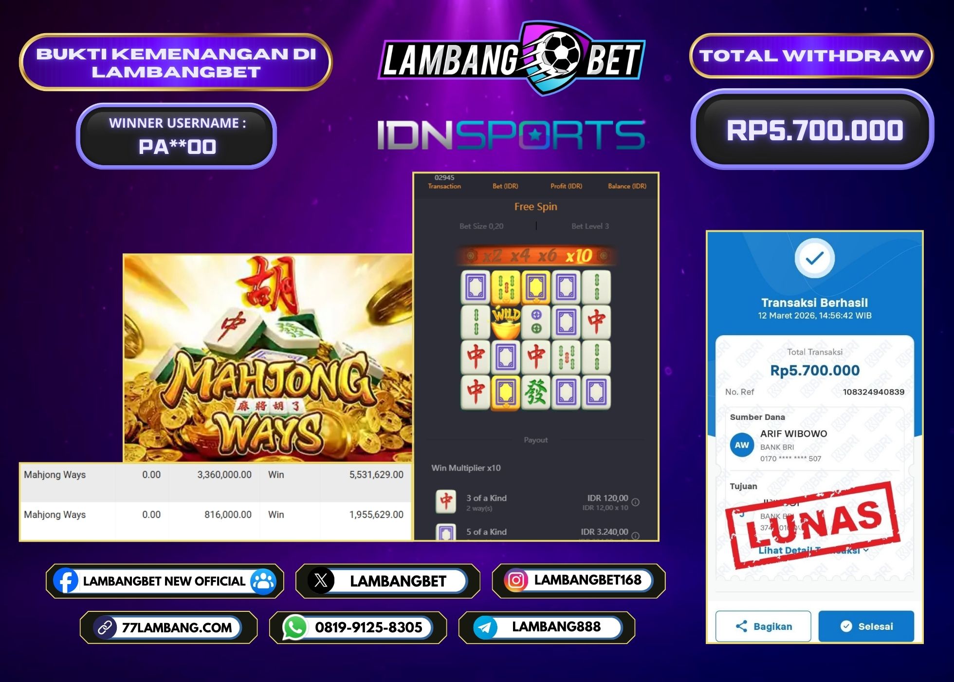 LAMBANGBET [12 MARET 2025] JACKPOT SLOT Mahjong Ways "Rp5.700.000" LUNAS